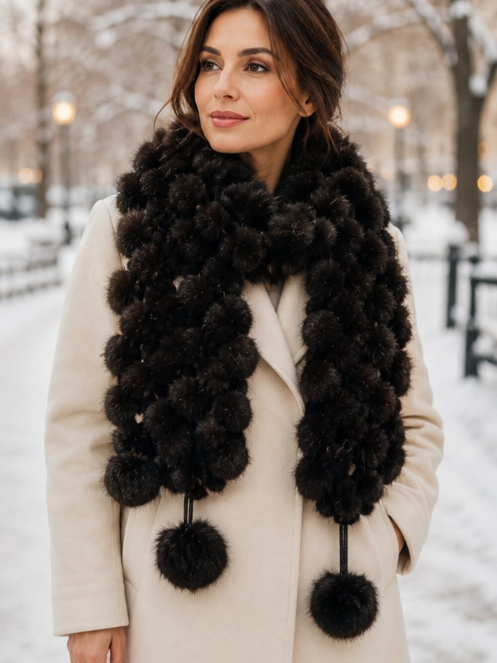 Real Rabbit Fur Pom Pom Scarf in Dark Brown - Ultra Soft Statement Winter Wrap